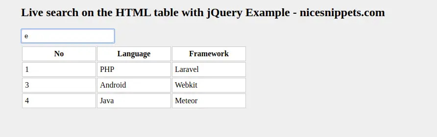 Live Search on The HTML Table With JQuery Example